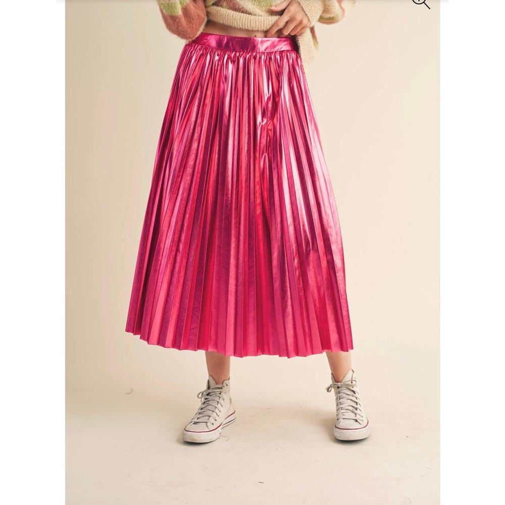 Merci sz S Y2K Hot Pink Shiny Metallic Pleated Midi Skirt Pull on Fully Lined